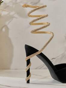 SHUZIA Fabulous Women's Black Gold Wrap Around Rhinestone Ankle Strap Heel, Round Toe Spring Summer Chic Holiday Shoes Valentine's Day Summer Shoes - Black - View 7