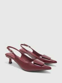 CUCCOO BIZCHIC 酒紅色亮面方扣尖頭 Slingback 涼鞋，細貓跟可調節綁帶低跟復古通勤約會高跟鞋 - 酒紅色 - 查看 1