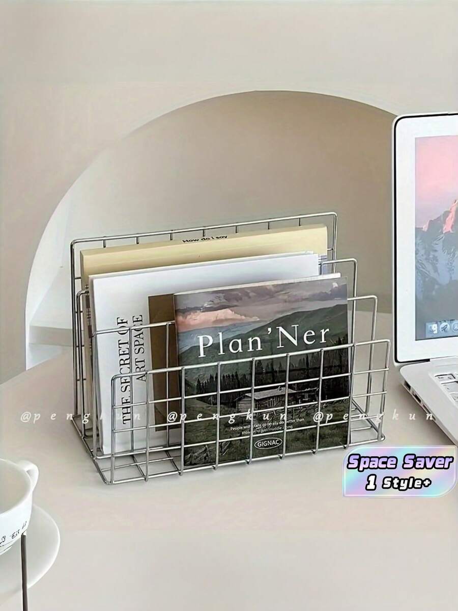 1PC Modern Silver Book Shelf Storage Rack Metal Basket Organizer Magazine Newspaper Holder Nordic Style Iron 3 Tier Desktop Drawer For Home Office Study - silver - View 1