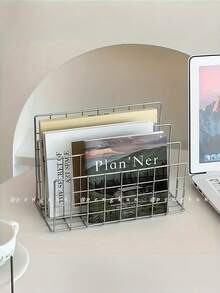 1PC Modern Silver Book Shelf Storage Rack Metal Basket Organizer Magazine Newspaper Holder Nordic Style Iron 3 Tier Desktop Drawer For Home Office Study - silver - View 2