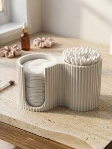 1PC Compact Creamy Style 3D Printed Plastic Durable Waterproof Dustproof Space Saving Dual Function Striped Makeup Pad Pad And Swab All In One Storage Holder Organizer Box For Bathroom Vanity Washbasin Bedroom Desk Countertop - Multicolor - View 3