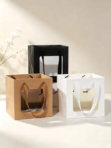 1pc/6pcs Set Square Clear Window Kraft Paper Bags, Daily Necessities Packaging Handheld Bags, Paper Flower Gift Bags With Ribbon Handles, Paper Shopping Bags, Suitable For Birthday, Wedding, Party,Valentine's Day, Easter - multicolor - View 2