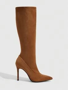CUCCOO SZL Brown Elastic Patchwork Pointed Toe High Shaft Boots For Women, Autumn/Winter Thin Heel Slimming Knee-High Boots, Commute Versatile - caramel color - View 2