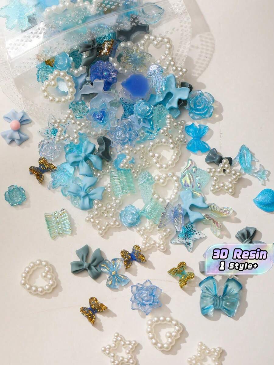 100Pcs 3D Resin Nail Charms Set, Random Assorted Rose Peach Blossom Bow Snake Ice Cream Dragon Star Rabbit Animal Shapes, Rhinestone Faux Pearl Mix, DIY Handmade Craft Decor For Y2K Nail Art All Seasons - Multicolor 1 - View 1