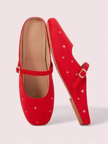 CUCCOO DOLLMOD Women's Shoes, Red Suede Square Toe Flats, Pentagram Embroidered Vintage Mary Jane Women's Shoes Fall Shoes - Rose Red - View 1