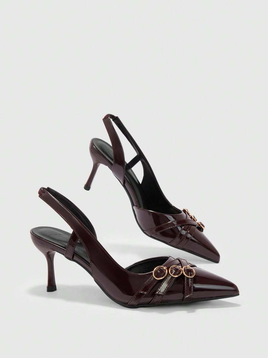 CUCCOO BIZCHIC New Fashion Pointed Thin High Heel Brown Multi-Strip Buckle Women's High Heel Shoes Simple Commuting Basic Versatile And Elegant Rear Strap - Coffee 171 # - View 1