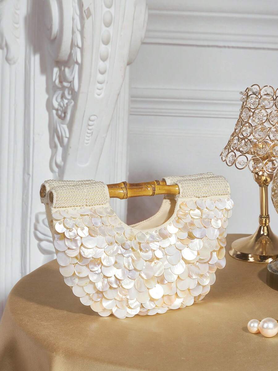 SHECARRY Ladies Fashionable Elegant Simple Heavy Industry Handmade Shell Pieces Pearl Wooden Handbag, Summer Vacation Beach Seaside - Beige - View 1