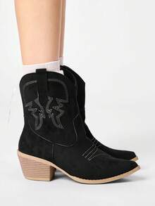 ROMWE Fairycore Women's Western Boots, Pointed V-Cut Thick Heel Embroidered Boots, Low Heel Clogs, Zip Knight Boots And Ankle Boots Spring Shoes - 2 brown - View 5