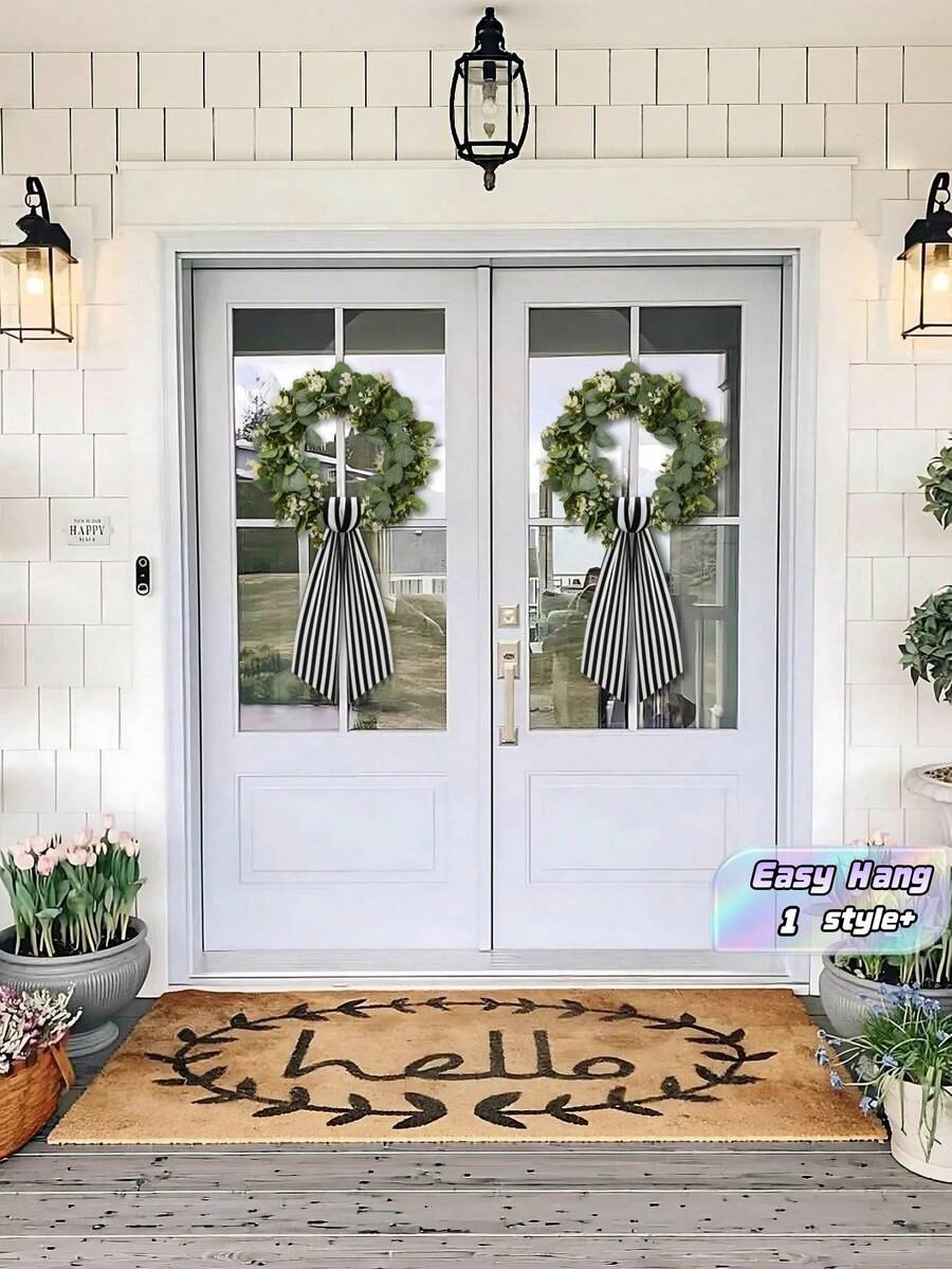 1 2 Packs Boxwood Wreath Belt Decor Black And White Striped Ribbon For Front Door Porch Hanging Farmhouse Style Home Decoration - D - View 1