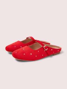 CUCCOO DOLLMOD Women's Shoes, Red Suede Square Toe Flats, Pentagram Embroidered Vintage Mary Jane Women's Shoes Fall Shoes - Rose Red - View 2