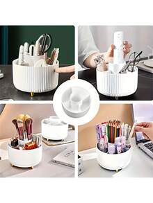 1PC 360° Rotating Makeup Organizer, Plastic Cosmetic Storage Box With 4 Compartments, Multifunctional Stand For Brushes Lipsticks Skincare Stationery, Odorless Luxury Striped Desk Storage Box, Space Saving Vanity Dresser Decor - Multicolor - View 7