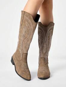 ROMWE Fairycore Women's Western Boots, Pointed V-Cut Thick Heel Embroidered Boots, Low Heel Clogs, Zip Knight Boots And Ankle Boots Spring Shoes - Coffee + white line wings - View 3