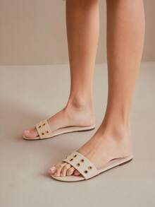 SHUZIA Women's Fashionable Comfortable Metal Eyelets Decor Slip-On Flat Sandals - White - View 5