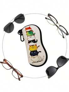 1PC Standard Size Soft Neoprene Durable Scratch Resistant Dust Proof Lightweight Compact Flat Design Zipper Closure Buckl Clip Cute Curious Cat Print Portable Glasses Case Eyeglass Pouch For Travel Sports Reading Fashion Glasses Storage Protective - Multicolor - View 6
