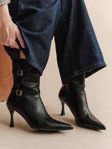 Rosivie Women's Double Buckle With Decorative Short Ankle Boots, Pointed Horn Stiletto High Heel Ankle Boots, Elegant Black Imitation Leather Fashion Boots, D Fall Shoes - Black - Color - View 1