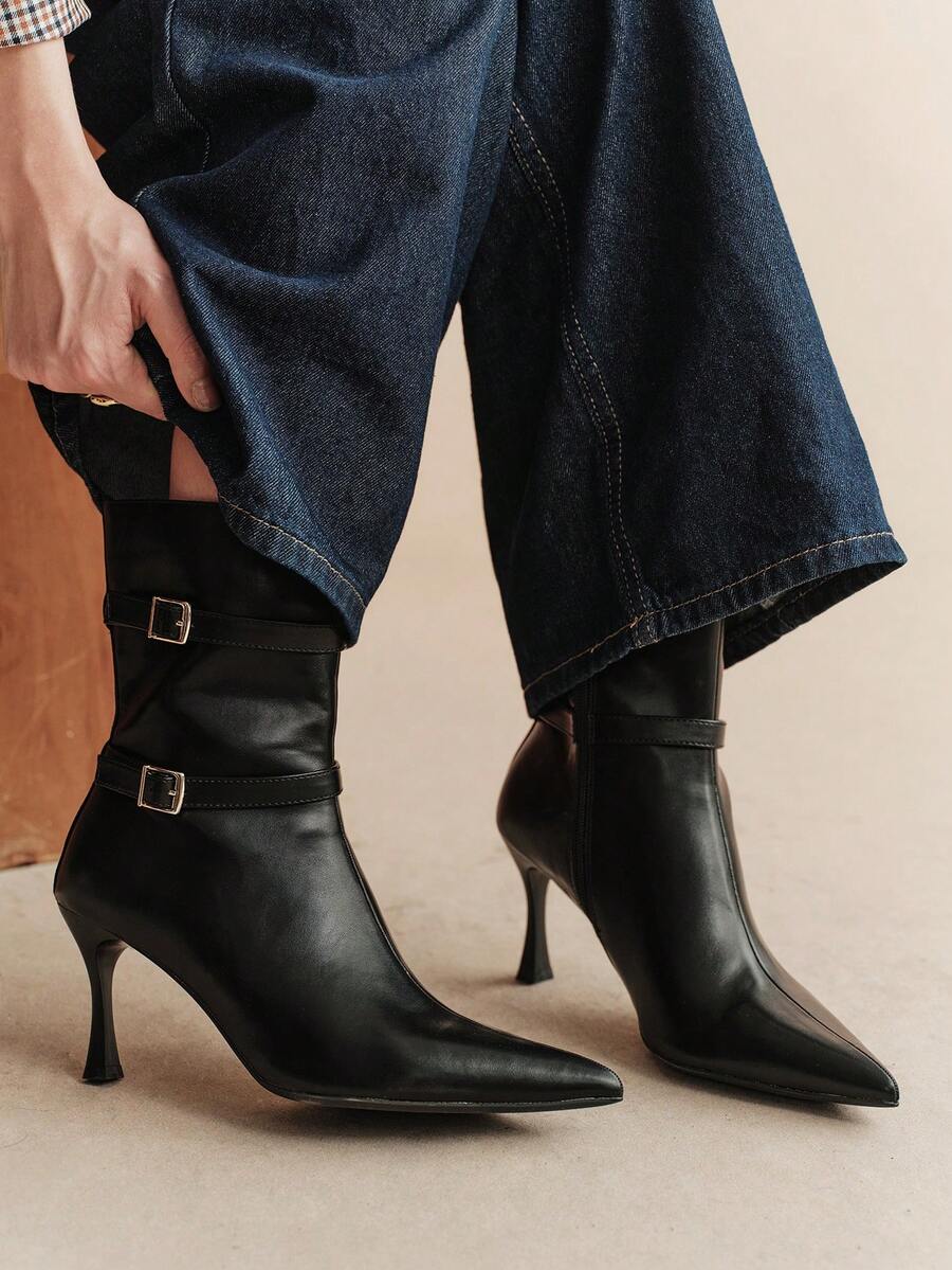 Rosivie Women's Double Buckle With Decorative Short Ankle Boots, Pointed Horn Stiletto High Heel Ankle Boots, Elegant Black Imitation Leather Fashion Boots, D Fall Shoes - Black - Color - View 1