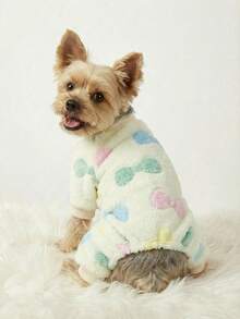 PETSIN 1pc Pet Dog/Cat Apricot Fleece Warm Jumpsuit With Bow & Graphic Print, Flannel Fabric - Multicolor - View 7