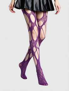 ROMWE Goth 性感女士破洞黑色魚網襪 - 洞洞紫色 - 查看 5