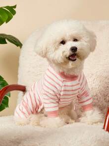 PETSIN 1pc Pet Cat Dog Universal Pink Stripe Classic Fashion Autumn And Winter Plush Warm And Comfortable Round Neck Dog Jumpsuit - Multicolor - View 5