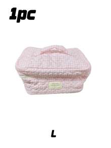 1pc Pink Plaid Quilted Cosmetic Bag – Large Capacity Travel Toiletry Organizer, Makeup Brush Storage Pouch For Vacation - Pink - View 18