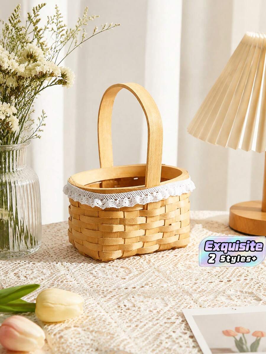 1/2 Handmade Woven Pearl Princess Flower Basket, Rattan Storage Basket, Hand-Held Flower Basket, Handmade Flower Basket, Home Wedding Decoration - Multicolor - View 1