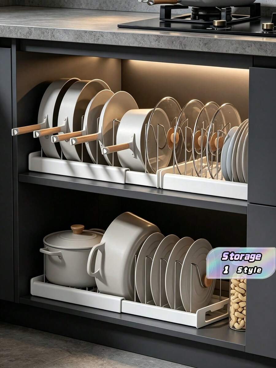 Organizer Panci dan Wajan 1 buah, Organizer Dapur Terbaik - Rak yang Dapat Diperluas dan Hemat Ruang dengan Tempat Tutup Panci, Rak Peralatan, Rak Pengering Piring, & Laci Tarik untuk Memasak dengan Rapi, untuk Lemari, Meja Dapur, Ruang Penyimpanan, Pesta Liburan, Memasak di Rumah, Organizer Penyimpanan yang Rapi