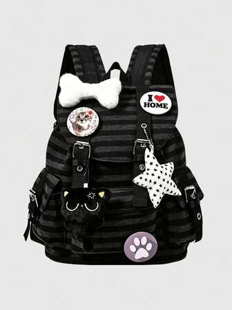 Grunge Punk Zaino unisex con strisce a contrasto, multi-tasche e grande capacità, stile punk academy con lettere gatto osso, zaino casual alla moda, adatto per il pendolarismo