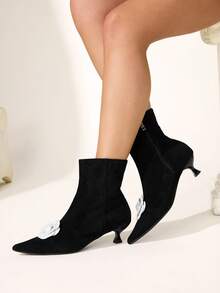 CUCCOO CHICEST Women's Autumn/Winter New Camellia Floral Patchwork Pointed Toe Kitten Heel Boots - ink black - View 5