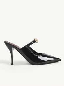 CUCCOO CHICEST Women's Pointed Toe Stiletto Heel Mule Shoes, All-Season Metal Decor Black Patent Leather Commute Party Date Shoes - Black - View 7