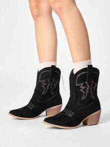 ROMWE Fairycore Women's Western Boots, Pointed V-Cut Thick Heel Embroidered Boots, Low Heel Clogs, Zip Knight Boots And Ankle Boots Spring Shoes - 2 brown - View 2