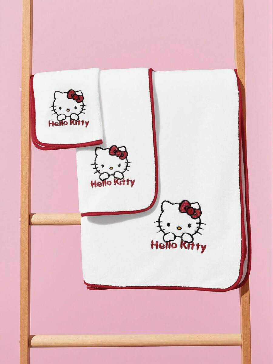 HELLO KITTY AND FRIENDS | SHEIN 1/3件組粉色毛巾套裝,精緻刺繡 Betty 紅唇設計,吸水布料,多種尺寸,適合沐浴、游泳、旅行使用 - 紅白色 - 查看 1