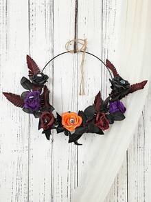 1pc Halloween Wreath With Rose Eyeball & Twig, Spooky Artificial Rattan Door Hanging Decor, Creepy Gothic Party Prop For Haunted Home Entrance - multicolor - View 8