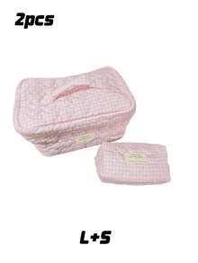 1pc Pink Plaid Quilted Cosmetic Bag – Large Capacity Travel Toiletry Organizer, Makeup Brush Storage Pouch For Vacation - Pink - View 16