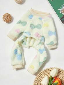 PETSIN 1pc Pet Dog/Cat Apricot Fleece Warm Jumpsuit With Bow & Graphic Print, Flannel Fabric - Multicolor - View 9