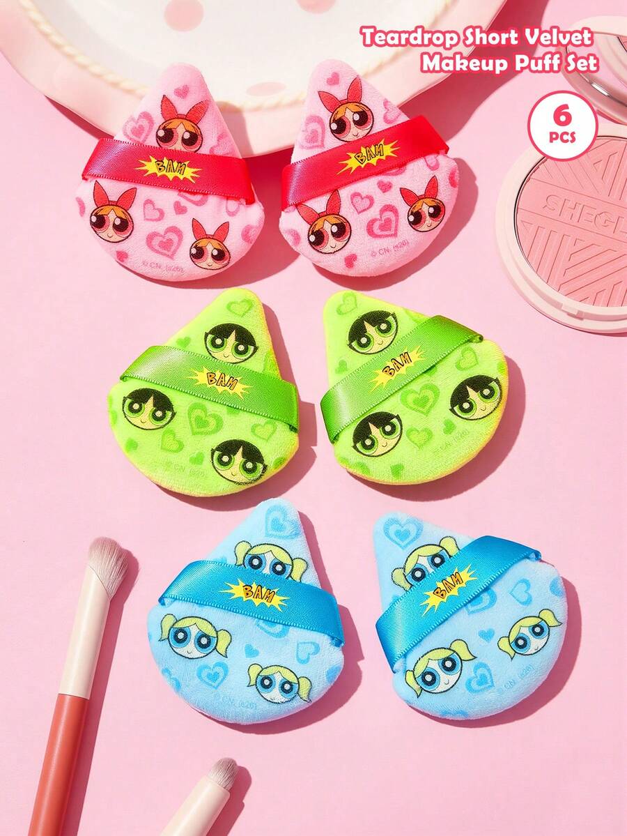 THE POWERPUFF GIRLS X SHEIN 6入組 Powerpuff Girls 印花鬆散粉撲 超柔軟化妝海綿 臉部乾粉混合用 定妝用 - 彩色 - 查看 1