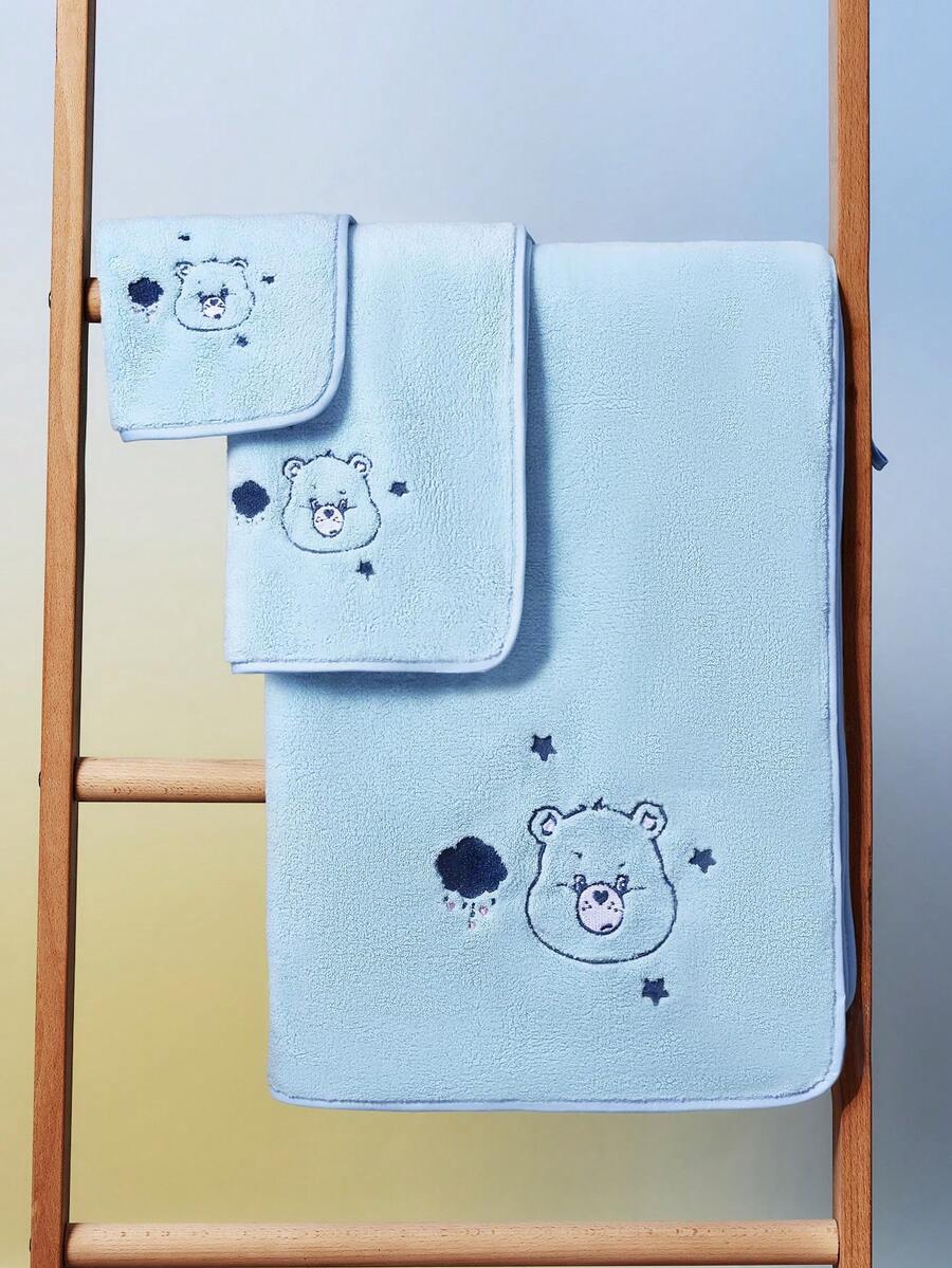 SHEIN X Care Bears 1/3pcs Super Absorbent Towel, Owl Cartoon Embroidered Towel Set, Hand Towel/Towel/Bath Towel Three Pieces Set, Can Be Used For Hand Wiping, Bathing, Beach, Swimming - Blue - View 1
