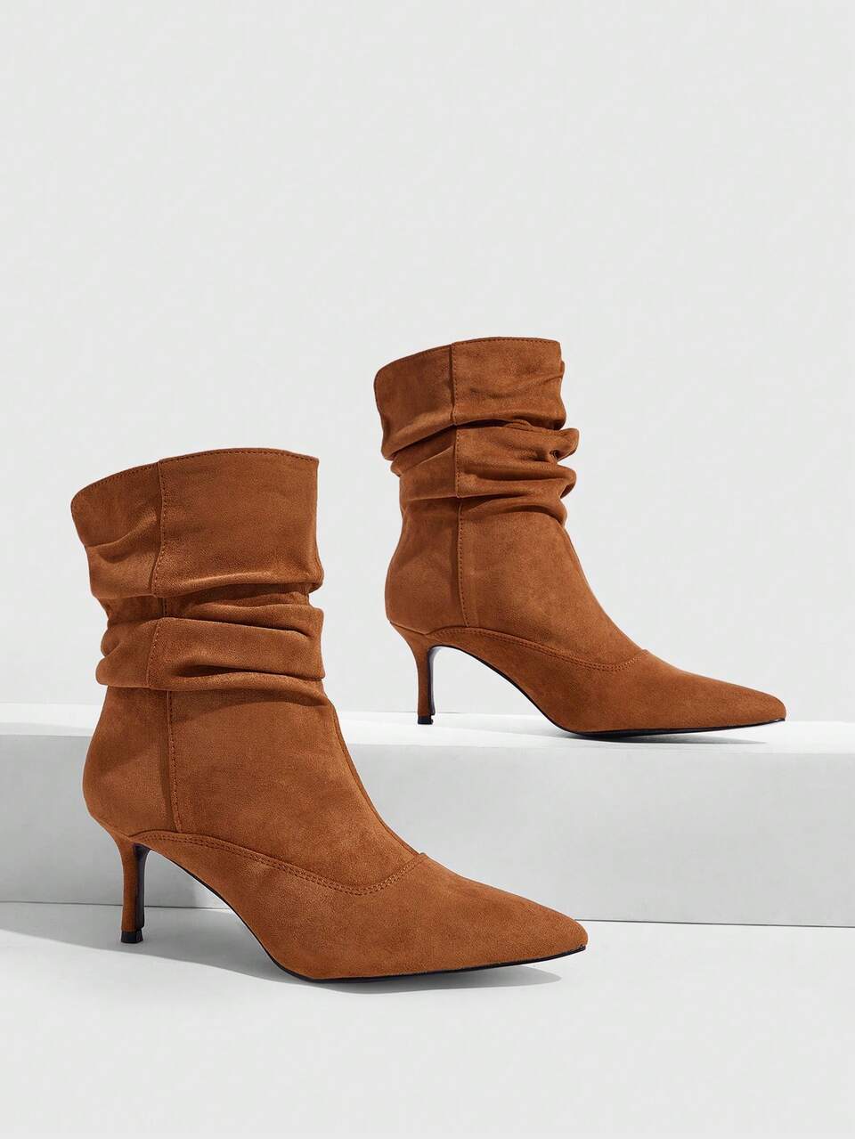 CUCCOO SZL Women's New Elegant Caramel Color Ruched Pointed Toe Ankle Boots, Suitable For Date And Party Outfits Fall Shoes