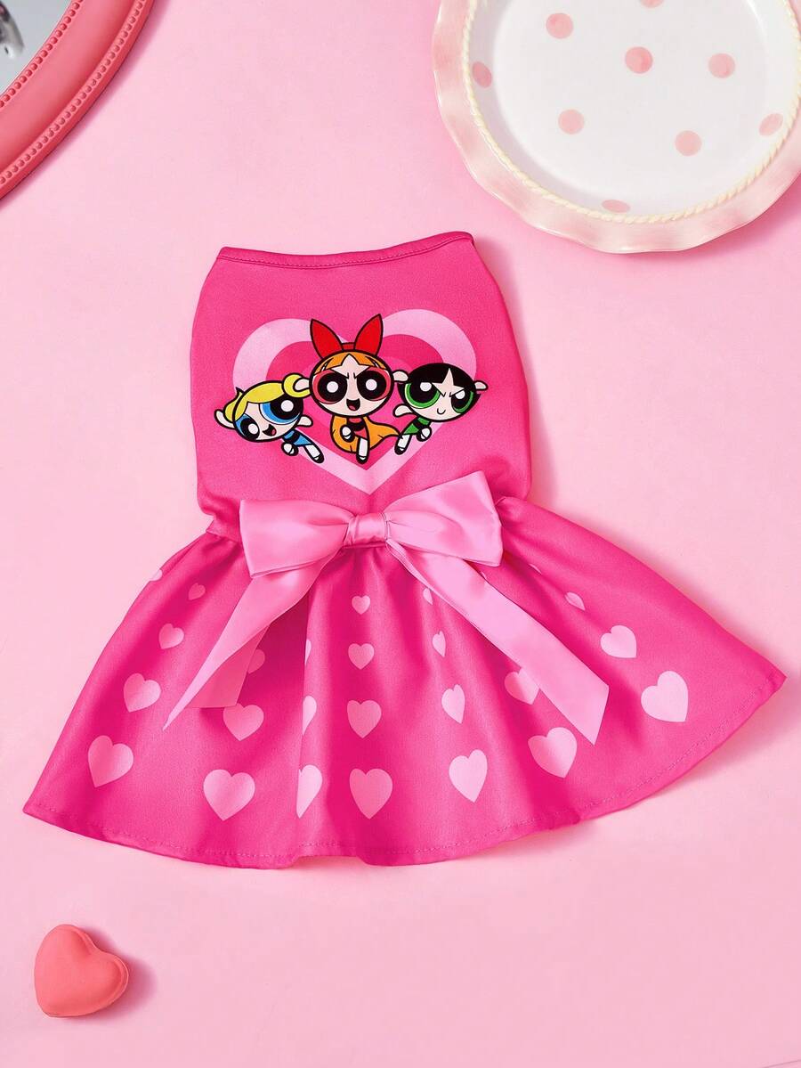 THE POWERPUFF GIRLS X SHEIN 可愛全滿版愛心印花無袖寵物裙,附緞面蝴蝶結,XXS-XXXXXL 全尺寸,貓狗通用日常散步穿搭衣 - 亮玫粉 - 查看 1