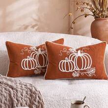 Cirelle 1pc/2pcs Corduroy Pumpkin Embroidered Lumbar Pillow Covers, Farmhouse Style Rectangular Cushion Cases For Fall & Thanksgiving With Pumpkin Vine And Leaf Pattern, Decor For Sofas, Bedrooms, Bay Windows And Homestays, Pillow Insert Not Included - Orange - View 10