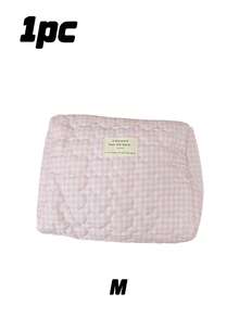 1pc Pink Plaid Quilted Cosmetic Bag – Large Capacity Travel Toiletry Organizer, Makeup Brush Storage Pouch For Vacation - Pink - View 12