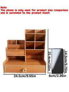 Wooden Desk Pen Holder With Storage Drawer, Multi Compartment Stationery Organizer, Pen Marker Display Rack, Office Desktop Decor Ornament - multicolor - View 3