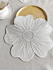 Cirelle 1pc Floral Embroidered Placemat And Coaster, White Flower Shaped Fabric Table Mat, Elegant Heat Resistant Tableware Dinner Mat For Home Wedding Party Decor - Beige - View 14
