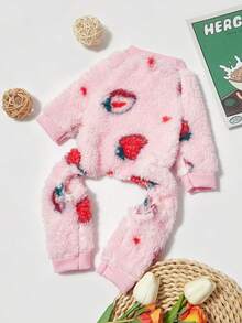 PETSIN 1pc Pet Dog/Cat Universal Pink Fleece Strawberry Print Jumpsuit, Warm - Multicolor - View 4