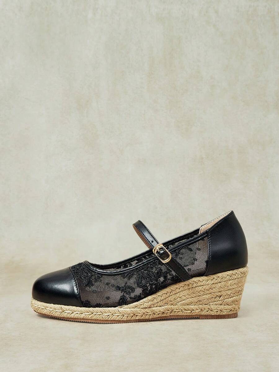 Styleloop 女款麻繩草編黑色蕾絲網眼楔跟鞋 波西米亞風 度假海灘休閒鞋 - 黑色 - 查看 1