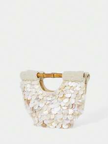 SHECARRY Ladies Fashionable Elegant Simple Heavy Industry Handmade Shell Pieces Pearl Wooden Handbag, Summer Vacation Beach Seaside - Beige - View 3