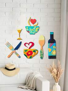 8PCS Creative Rustic Wooden Wall Art Hanging Set Fork Coffee Cup Wine Glass Shape Kitchen Cafe Restaurant Bar Wall Sign Home Decor Housewarming Halloween Christmas Gift Must Haves - multicolor - View 11