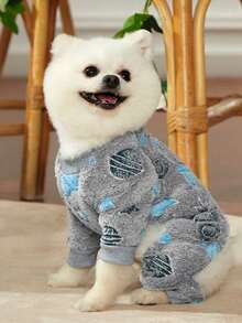 PETSIN 1pc Small Rocket Print Blue Star Flannel Pet Jumpsuit Gray Thick Warm Pet Clothing - Multicolor - View 5