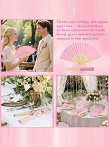Elegant Folding Hand Fan Set, Includes Thank You Card And Gift Bag, Bride'S Bamboo Hand Fan, Suitable As Bridesmaid Gift And Wedding Decor, Perfect For Parties, Events, And Summer Accessory - Pink - View 4