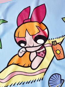 THE POWERPUFF GIRLS X SHEIN 1件裝卡通海綿印花浴巾沙灘巾，可用於海灘，游泳毛巾 - 藍色 - 查看 2