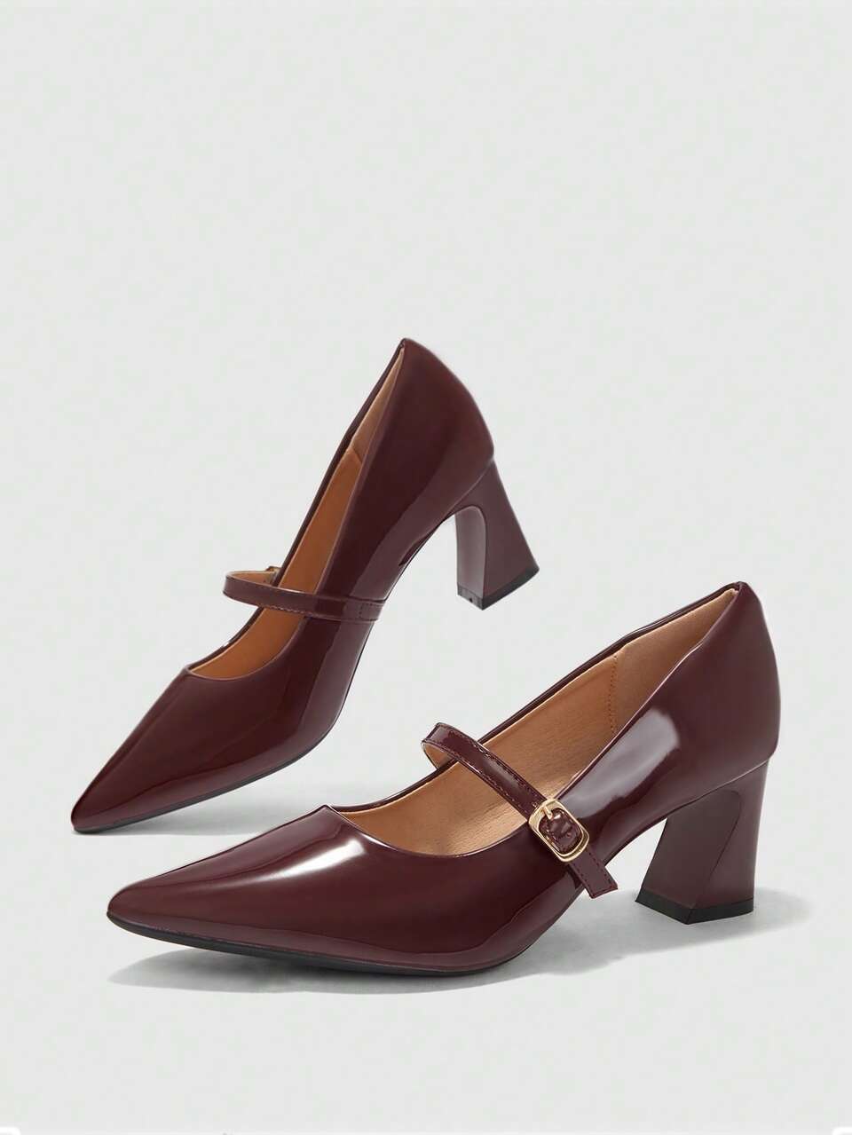 CUCCOO BIZCHIC Women's, Burgundy, Glossy Texture, Pointed Mary Jane, Thick Heels, Workplace Commuter Dress, Work Shoes. Fall Shoes